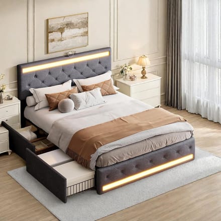 Tweepersoons Boxspring Bed 140x200 met LED Verlichting en 4 Opbergladen