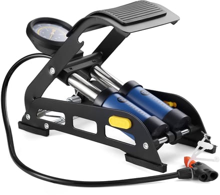 Packaway Professionele Voetpomp Fietspomp - Dubbele cilinder - Manometer tot 8 bar - Metaal - Zwart Blauw