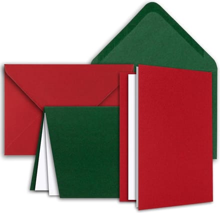 Kaartenpakket 50 dubbele kaarten en enveloppen - Rood en groen - Structuurreliëf - Met vouwbladen