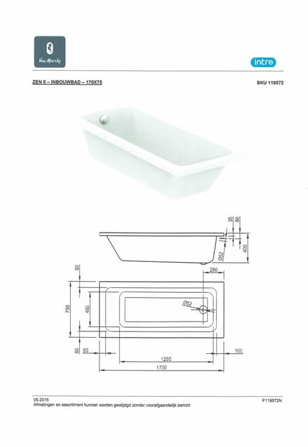Nemo Start Zen II inbouwbad 170x75x40cm 230L met potenstel wit acryl