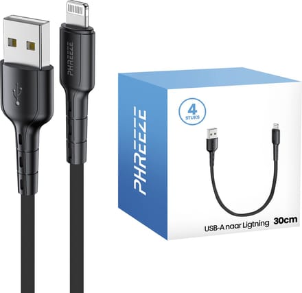 Kabel geschikt voor iPhone met Lightning naar usb kabel - 4 pack - 30cm kort- Phreeze