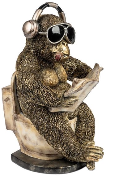Gorilla - Gorilla op WC met boekje - Polyresin - Goud - 30x20x20cm - Beeld - Decoratie - Cool!!