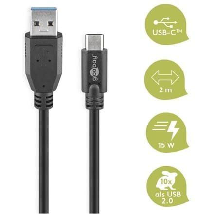 Goobay USB-C naar USB-A kabel - USB3.0 - tot 2A / zwart - 1,8 meter