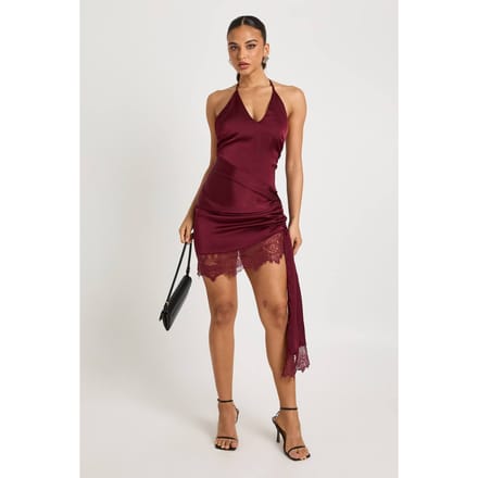 boohoo Dames Wikkeljurk met kant | Burgundy | Maat: 14