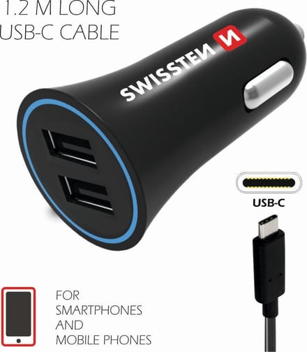 Swissten Autolader met 2 USB Poorten inclusief USB-C Kabel - 10W - Zwart