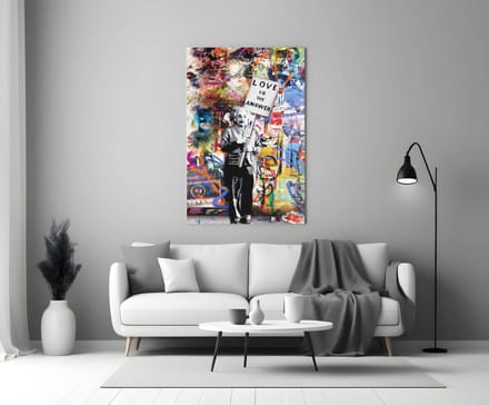 Glasschilderij - Graffiti - Einstein - Love is The Answer - Kleurrijke Schilderij - 110x70 cm