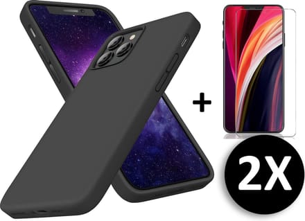 HB Hoesje Geschikt voor Apple iPhone 12 Pro Max - Zwart - Siliconen Back Cover 2X Glazen Screenprotector