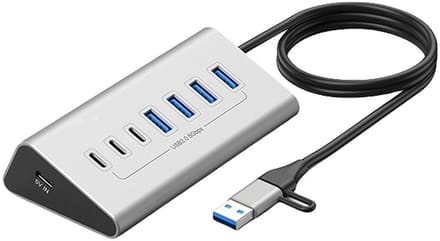 LISM-USB-C hub, 7 poorten, 5 Gbps – USB 3.2 splitter, aluminium behuizing, USB-C en USB-A adapters, geschikt voor laptops en pc's.