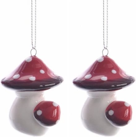 2x Kerstboom decoratie paddenstoel 4 cm - Paddenstoel hangers - Kerstversiering