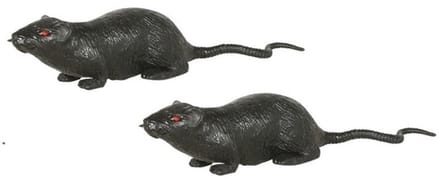 Grote plastic rat - 2x - donkergrijs - 20 cm - met rode ogen - enge namaak dieren - Halloween/horror decoratie/versiering