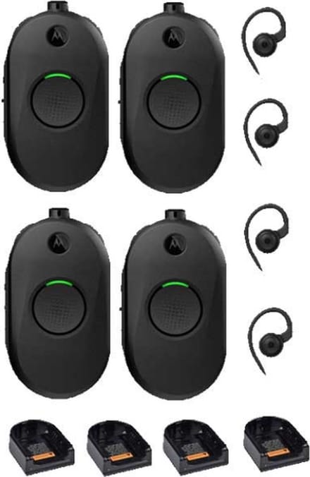 Set van 4 Motorola CLP446E Mini Portofoons met oortje en tafel lader