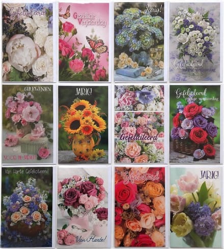 Verjaardag Wenskaarten - 12 Stuks - Bloemen - Gefeliciteerd - L-185