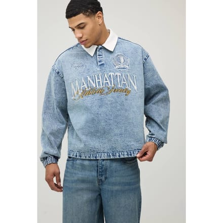 Stonewash Embroidered Oversized Varsity Denim Rugby Shirt | Size Large