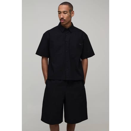 Ripstop Oversized Boxy Cargo Shirt & Parachute Short Set | Black | Size Medium