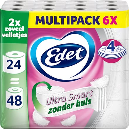 Edet Ultra Smart Toiletpapier - 4 laags - 24 maxi rollen zonder huls = 48 rollen