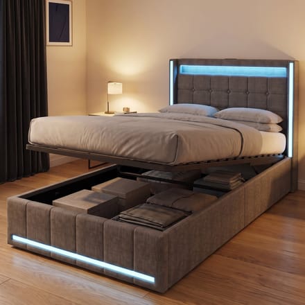 Gestoffeerd Opbergbed 90x200 cm - Hydraulisch Eenpersoonsbed met LED en USB - Linnen - Modern - Grijs