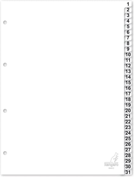 Kangaro tabbladen - A4 - PP 120 micron - wit - 4-gaats - 31-delig cijfers - W431C
