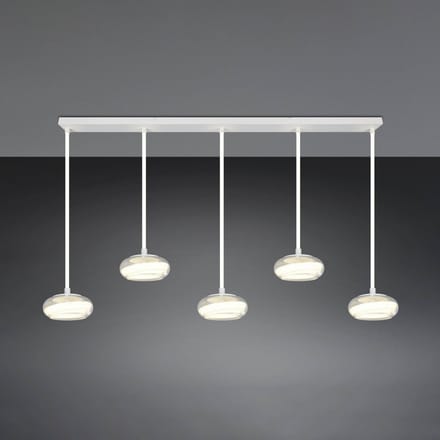 Trio Lighting LED hanglamp Tarsia, mat wit, lengte 161 cm, glas, 5-lamps.