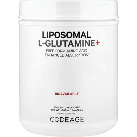 Codeage, poudre de l-glutamine liposomale+, acide aminé libre, absorption améliorée, sans goût, 5 000 mg, 472,5 g (1 livre)