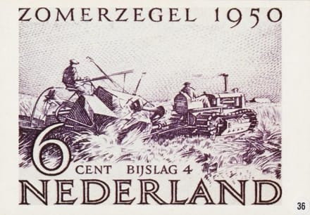 Briefkaart met afbeelding moderne oogstmachine Wieringermeer postzegel