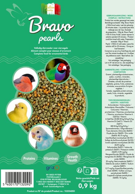 Binnenvogels- Vogelvoer- Perle- Bravo Pearls - Perle morbide vervanger- Groengeel kiemzaad vervanger- zak 5ilo