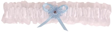 Kousenband wit met blauw bloemetje en strass