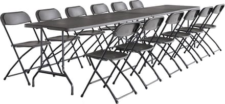 sweeek - Set van 2 opvouwbare plastic receptietafels 180cm + 12 bijzetstoelen, campingtafel