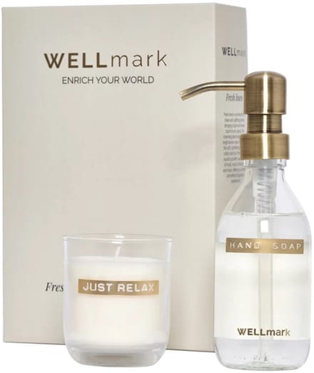 Wellmark giftbox Discover: handzeep 'bring out the bubbles' + kaars helder / brass dark - fresh linen