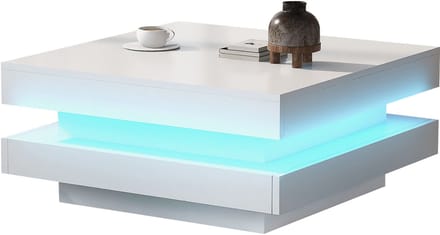 Vierkante salontafel 70x70x36 cm - modern technologiestijl - met LED-verlichting - wit