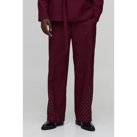 Embellished Belted Wide Leg Suit Trousers | Red | Size 42