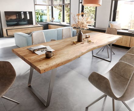Eetkamertafel Edge acacia natuur 280x100 XL roestvrij staal schuin Live-Edge
