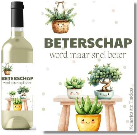 Wijnetiket beterschap - Beterschap wordt maar snel beter - planten met smileys