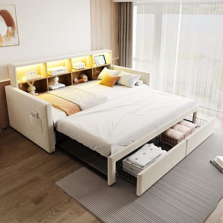 MODFU - Uitschuifbaar bedframe – 90x190 cm naar 180 cm breed – Met LED & USB-C – Beige velvet