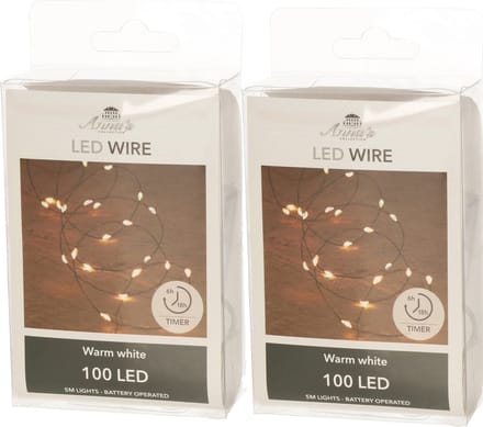 Anna's Collection Draadverlichting - 2x - 100 led lampjes - warm wit - 500 cm - lichtsnoer - batterij - timer
