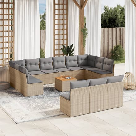 vidaXL - 14-delige - Loungeset - met - kussens - poly - rattan - beige