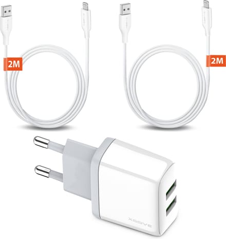 Oplader 2 Poorten met 2x USB Kabels 2 Meter - Geschikt voor AirPods, iPhone met Apple Lightning aansluiting