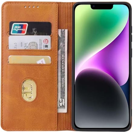 Smartphonica iPhone 14 Plus kunstleren hoesje met magnetische sluiting en pashouders book case - Bruin geschikt voor iPhone 14 Plus