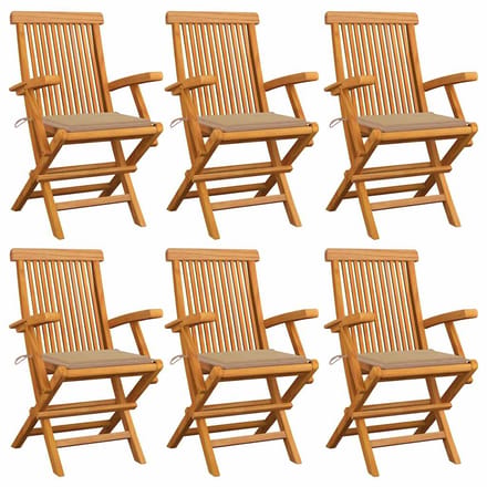 vidaXL - Klapstoelen - met - beige - kussens, - 6 - stuks, - massief - teakhout