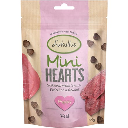 75g Lukullus Puppy Mini Hearts Snacks Kalf (Graanvrij) Hondensnacks