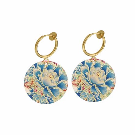 Klem oorbellen - bloem - blauw - goudkleurig