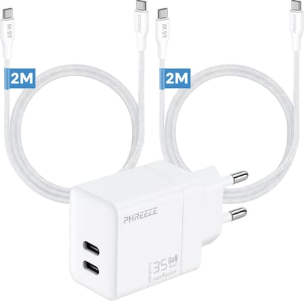 Phreeze usb C adapter 35 W - Twee usb C poorten - Power Delivery snellader met 2 usb C naar usb C kabels 2m