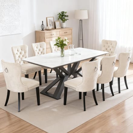Puluomis Eetkamerstoel - Set Van 8 - Fluweelstof - Massief houten poten - Beige