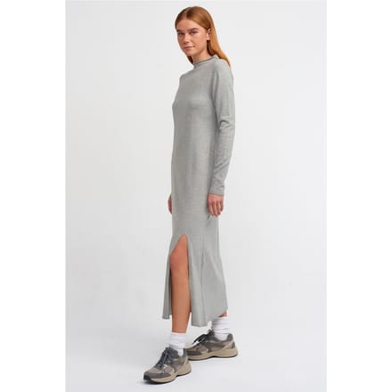 Geribbelde Col Midi-jurk