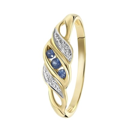 Lucardi Dames Ring met saffier en diamant 0,11ct - Ring - Cadeau - 14 Karaat Goud - Geelgoud