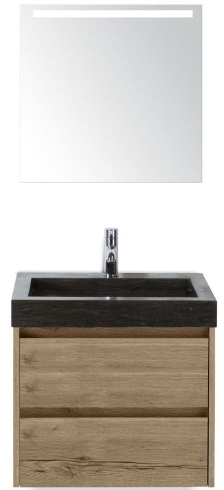 Dante Badmeubelset 60 cm - Natuur Eiken - Wastafel Hardsteen Wit Lucca met Sence Spiegel
