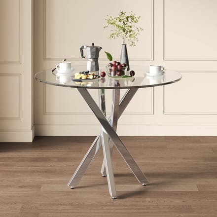 MODFU Eettafel 80×80×75 cm Gehard Glazen Blad – Galvaniseerde Kruispoot, Modern Zilver Design
