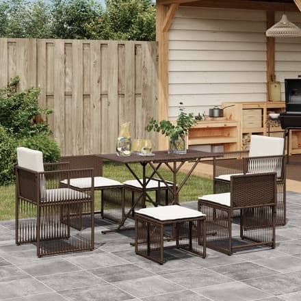 vidaXL - 7-delige - Tuinset - met - kussens - poly - rattan - bruin