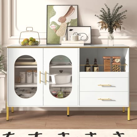 Gutent Dressoir - 2 lades - 2 glazen deuren - Wit - gouden versiering