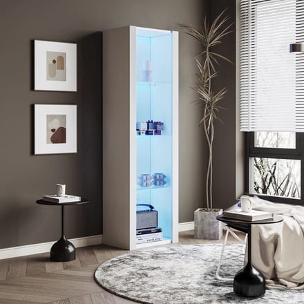 Wishdor Vitrinekast - Hoogglans Panelen - App-Gestuurde Ledverlichting - 3 Glazen Planken - Spaanplaat - Wit - 55 x 38 x 166 Cm