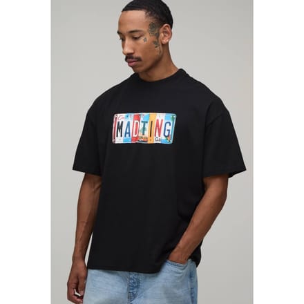 Zwart Oversized T-shirt Met Kentekenplaat Print | Black | Size Large